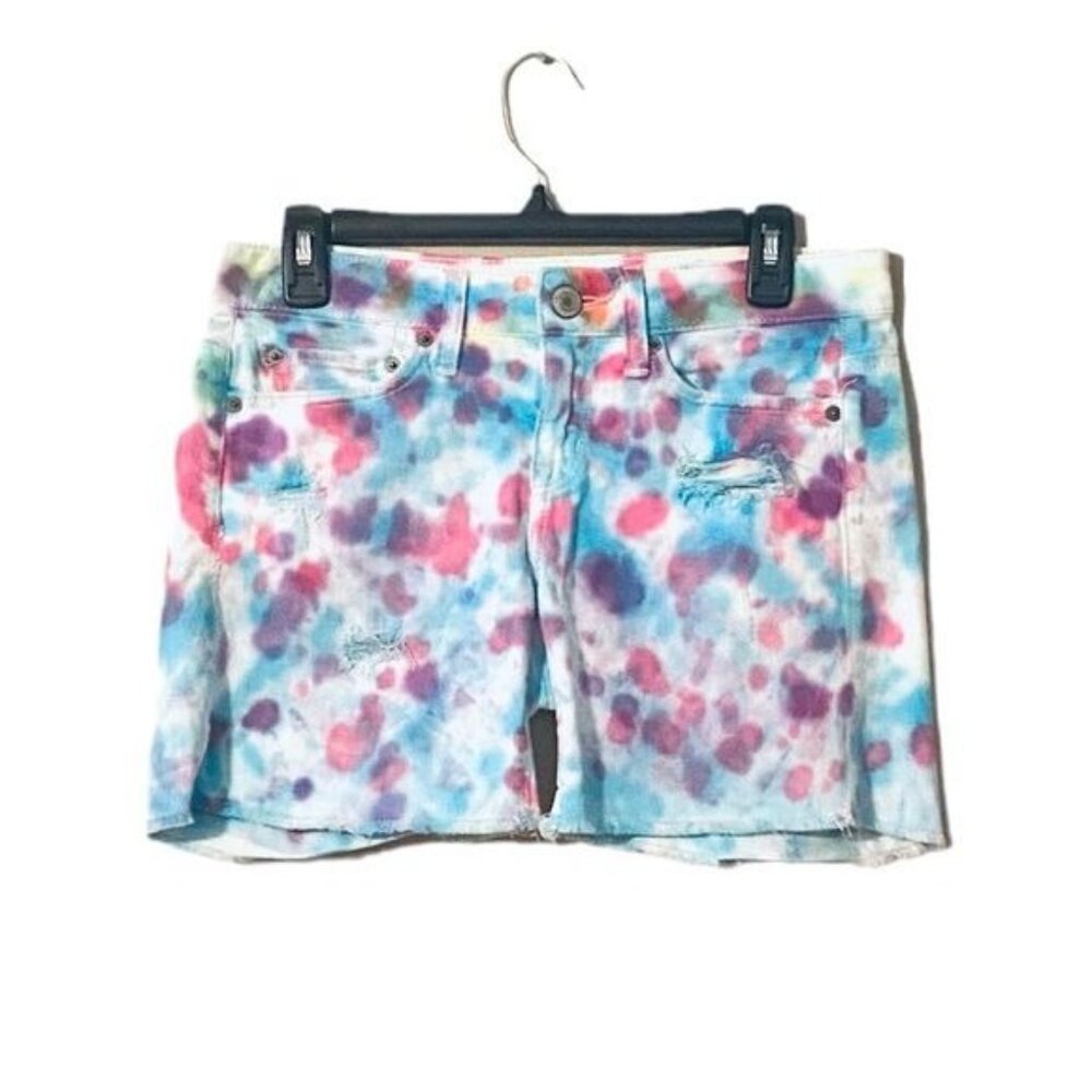 American Eagle Women's Tie Dye Denim Shorts Size 0 Boho Festival Colorful Beachy